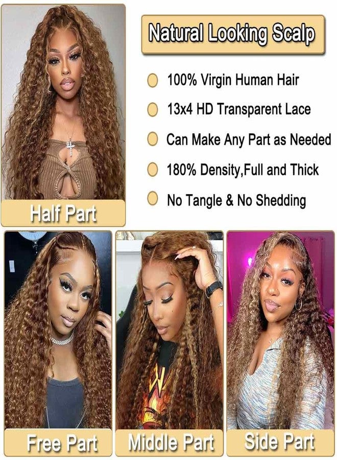WPPIKK Highlight Lace Front Wig Human Hair 180 Density Brazilian Wet and Wavy Human Hair Wigs for Black Women Curly P4/27 Colored 13x4 Lace Frontal Wig (P4/27 Highlight Color, 24 Inch) - Image 3